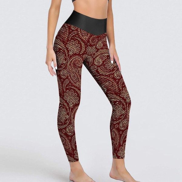 Damen-Leggings, rote Paisley-Yogahose, Damen-Vintage-Druck, sexy hohe Taille, ästhetische Sportstrumpfhose, nahtlose grafische Fitness-Leggings