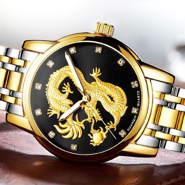 Relogio masculino GUANQIN Herrenuhren Top-marke Luxus Leuchtende Uhr Gold Drachen Skulptur Edelstahl Quarz-armbanduhr Watch2214