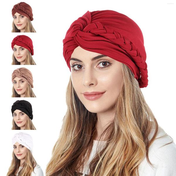 Bola bonés mulheres turbante algodão top nó flor decoração headwrap muçulmano senhoras capa de cabelo beanie cabeça desgaste cor sólida índia chapéu acessórios