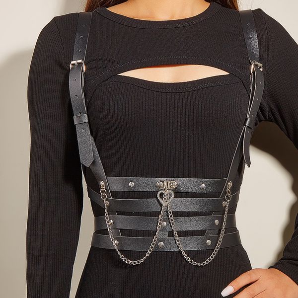 Hosenträger Damen Harness Taille Gürtel Punk Harajuku handgemachte Kunstleder Harness Riemen verstellbarer Gürtel mit Kette 230921