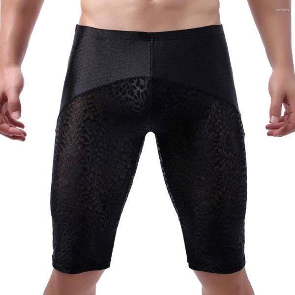 Underpants Sexy Homens Sissy Lace Underwear Ultra-fino Lenthen Boxer Esporte Cintura Média Long-Leg Underpant Sólida Calcinha de Natação Respiração Lingerie