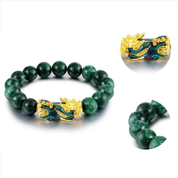 Perline di onice verde naturale Bracciale con ciondolo Pixiu dorato Pietra energetica Fortunato per donna Uomo Brave Wealth Feng Shui Bracciali con perline Str285i