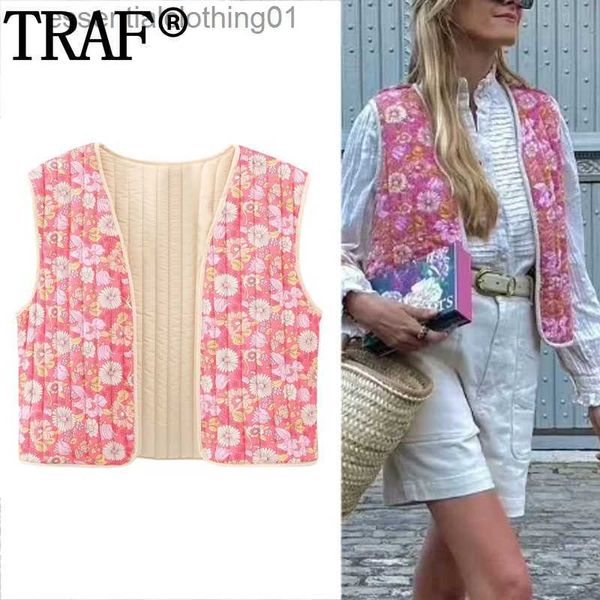 Coletes femininas Traf Imprimir Floral Colete Mulheres Sem Mangas Coletes Cropped Para Mulheres Outono Mulher Acolchoada Jaqueta Cardigan Inverno Casacos Curtos L230922