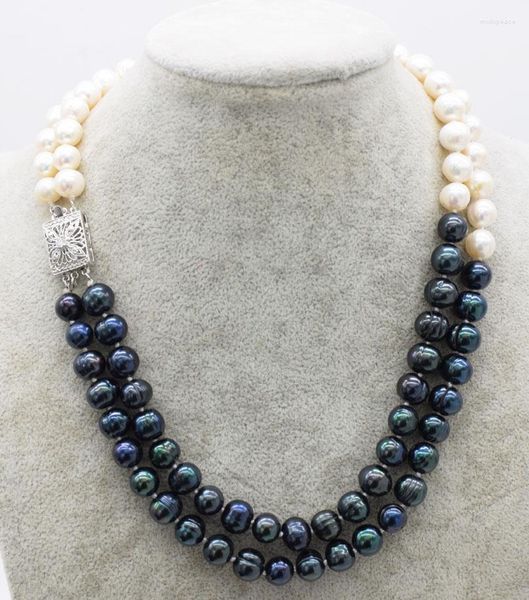 Anhänger 2 Reihen weiß schwarz Süßwasserperle rund 9–10 mm Halskette 17–18 Zoll Großhandel Perlen Natur Geschenk Rabatt FPPJ