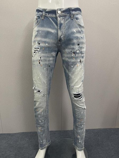 Мужские джинсы, весна-лето 2023, модные, стирающиеся в воде, потертые, с дырками, с нашивками, краска, 3D вырез, маленькие ножки, черные мужские