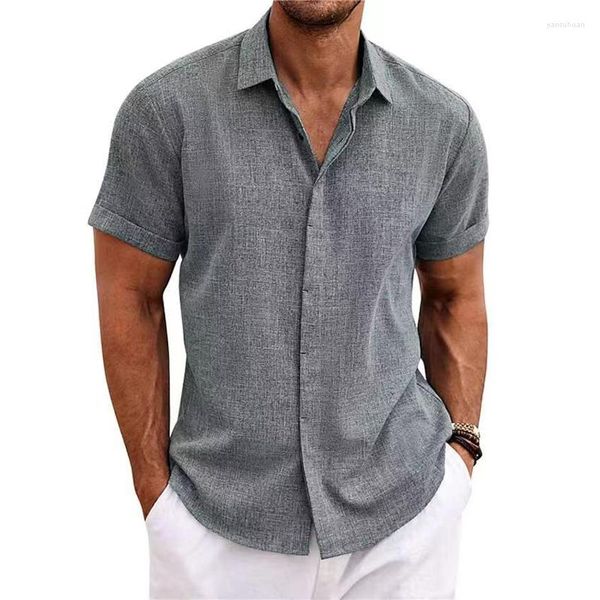 Camisas casuais masculinas primavera verão solto linho manga sólida turn-down colarinho botão camisa retro para blusa masculina sexy topos