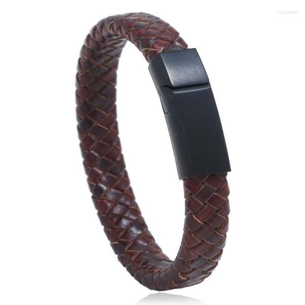 Charme pulseiras moda vintage masculino jóias preto aço inoxidável fecho magnético pulseira 20.5/22.5cm trançado couro rock punk pulseira