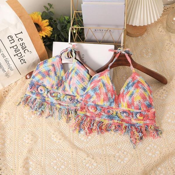 Frauen Tanks Bunte Bikini Mode Spitze Baumwolle Halter Boho Bustier Hohl Häkeln Sexy Crop Tops Frauen Quaste Camisoles