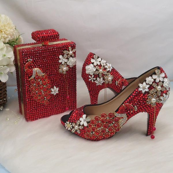 Модельные туфли BaoYaFang с открытым носком, красные женские туфли-лодочки с кристаллами и павлином для вечеринки, свадьбы, свадьбы, на высоком каблуке, на платформе, женские туфли-лодочки