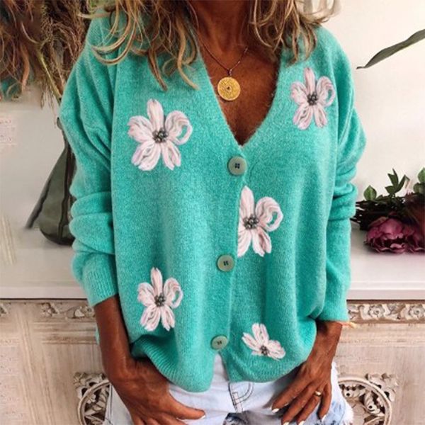 Maglioni da donna Cardigan a maniche lunghe da donna primaverile e autunnale Maglione lavorato a maglia con scollo a V ricamato Donna