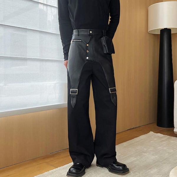 Calças masculinas syuhgfa homens calças pu couro retalhos casual carga calça tubo reto streetwear tendência masculino emendado macacão moda