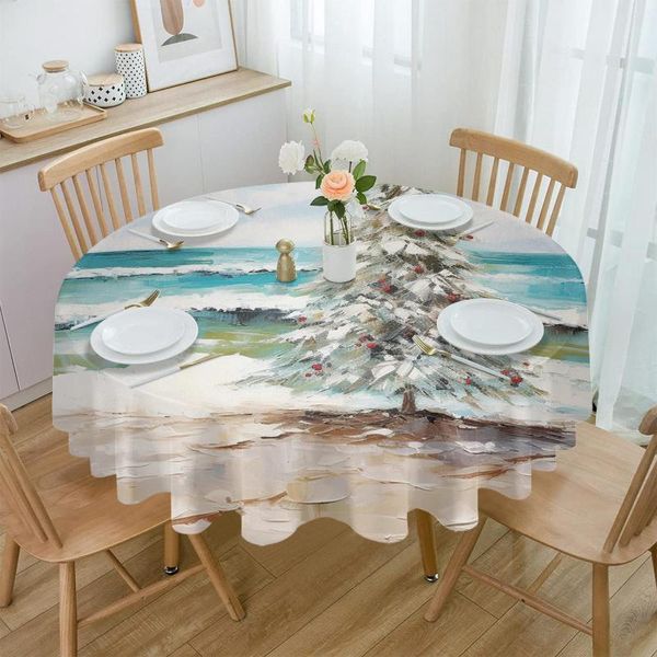 Pano de mesa praia árvore de natal pintura a óleo redonda toalha de mesa impermeável decoração de casamento capa decorativa
