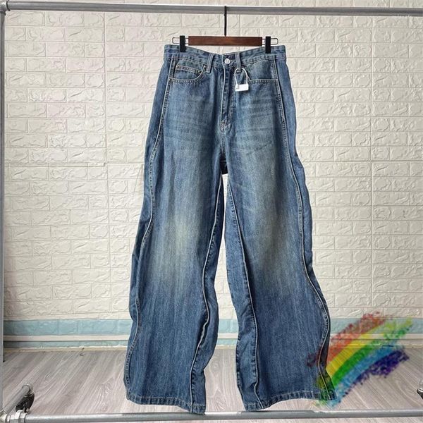 Jeans masculinos onda homens mulheres azul luz lavada tecido pesado calças jeans oversize