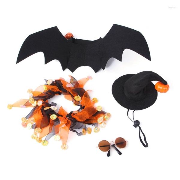 Trajes de gato Pet Halloween Traje 4 Pçs / Conjunto Asas de Morcego Chapéu de Bruxa Ajustável Coleira de Luz com Sinos Decoração Óculos