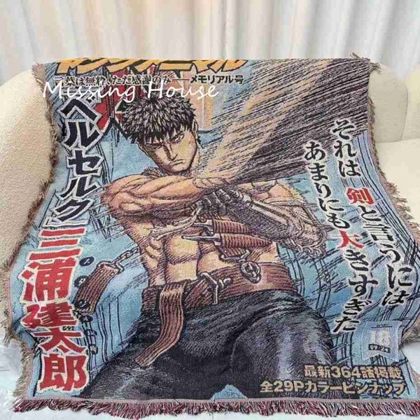 Coperte BERSERK Anime Filo Asciugamano Coperta tessuta Arazzo con nappa Copriletto in cotone Campo esterno Asciugamani da spiaggia Copridivano per sedia HKD230922 Migliore qualità