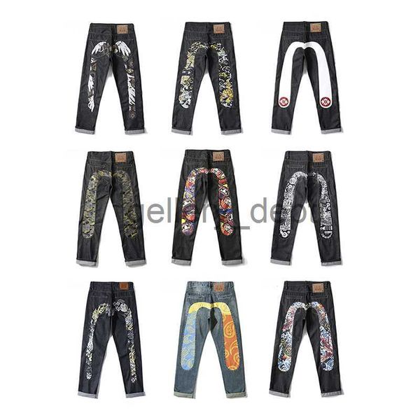 Jeans masculinos impressos na moda marca personalidade jeans para homens e mulheres casual fino tubo reto tendência nacional lavado solto all-match calças j230922