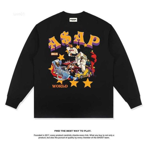 New American Street Asap Rocky Cartoon Illustration T-shirt a maniche lunghe Hip Hop Rap per uomo e donna in puro cotone Trend08lp