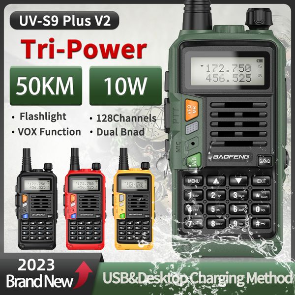 Walkie Talkie BaoFeng UV-S9 Plus V2 10 W Tri-Power Walkie Talkie Wasserdichter CB-Funk-Transceiver Langstrecken-Upgrade des tragbaren UV-5R-Radios 230922