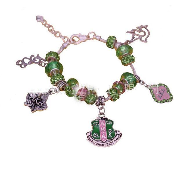 AKA Beaded Sorority Charm-Armband, rosa und grüne Glasperlen, Armband, Geschenk für Soror-Frauen, Aka Spira Wrap Jewelry K2262e