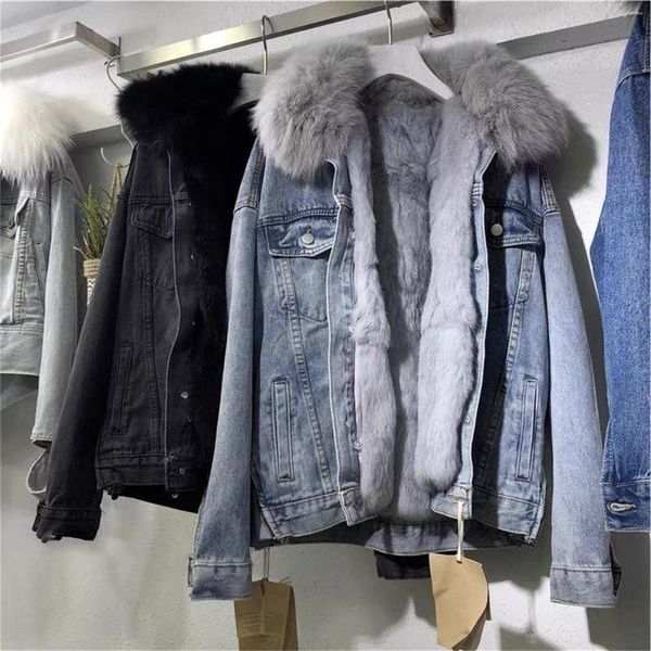 Damenjacken Frauen Winter Fleece verdicken Denim Jacke großen Pelzkragen warme Jean Mantel weibliche dicke Plüsch koreanische Mode Oberbekleidung