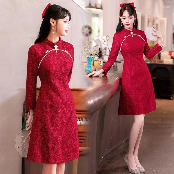 Этническая одежда, современное улучшенное Cheongsam, осеннее китайское традиционное красное платье Ципао с длинными рукавами, женское CNY