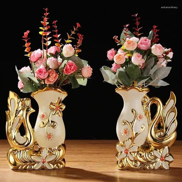 Vasos um par de cerâmica vaso de ouro arranjo mesa de jantar decoração para casa acessórios criativos cisne amantes