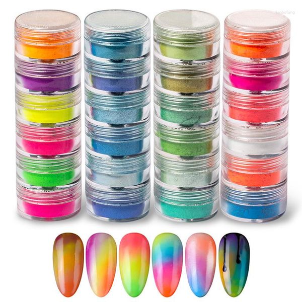 Estatuetas decorativas 6 cores/conjunto de pigmento neon para unhas, fluorescência, glitter, poeira, pérola, pó, decoração de arte de unha, design diy