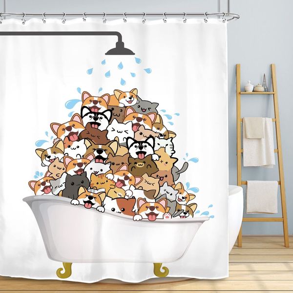 Cortinas de chuveiro para gatos e cães, cortina de chuveiro chovendo desenho animado, corgi, animal fofo, hilário, animal de estimação, brincando, água, poliéster, à prova d'água, cortina de banheiro 230922