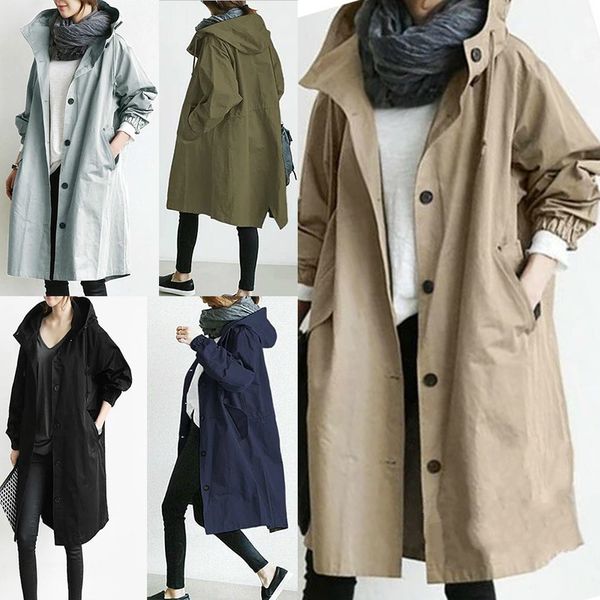 Damen-Mischungen, Damenmode, Trenchcoat, Frühling und Herbst, lässig, mit Kapuze, mittellang, Mantel, locker, winddicht, koreanisch, trendig, große Größe 230922