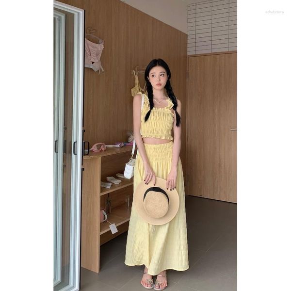 Vestidos de trabalho estilo coreano doce menina amarelo terno feminino verão plissado camisola cintura alta saia longa de duas peças moda roupas femininas