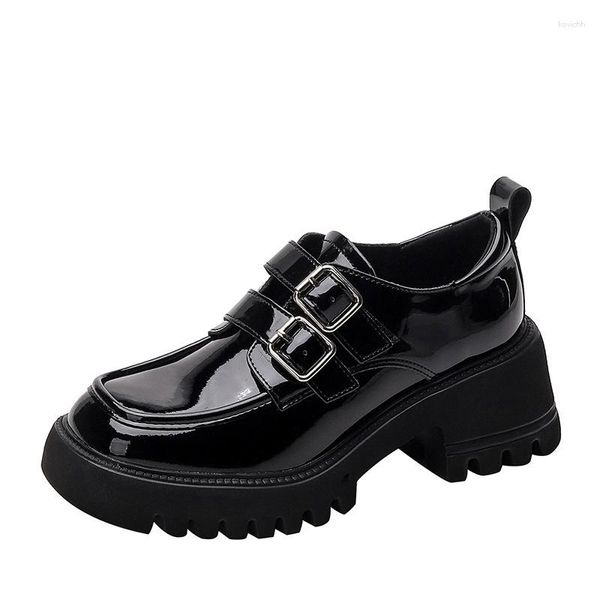 Kleidschuhe Damen Frühling Herbst Britischer Stil Dicke Sohle Karree Retro Schnalle Gürtel Shinny Oxfords Damen Chunky Platform