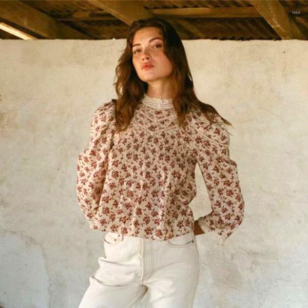 Blusas femininas 2023 outono e inverno retro elegante floral gola oca costura botão traseiro camisa solta feminina