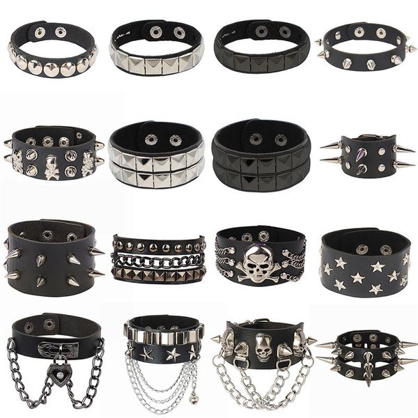 Bangle Crânio Estrela Coração Punk Gótico Rock Três Row Metal Stud Spikes Rebite Pu Couro Pulseira Ampla Pulseira 230922