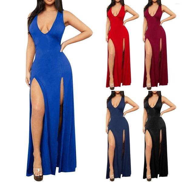 Lässige Kleider Sexy High Slit Damen 2023 Sommer Tiefer V-Ausschnitt Blau Party Abend Elegantes, figurbetontes, schlankes Nachtclubkleid