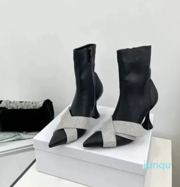 Spleißen, spitzer Zehenbereich, elastische Stiletto-Fersenfeder, einzelner Stiefel, europäischer amerikanischer High-Heel-Knöchel aus echtem Leder