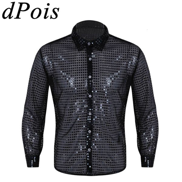 Camicie eleganti da uomo Hommes Uomo See Through Paillettes Camicia da ballo latino Manica lunga Sala da ballo Tango Rumba Top Uomo Top Performance Costume 230921