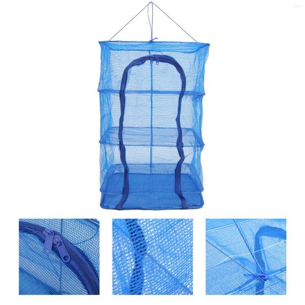 Cabides de secagem rack net 4 camada secador malha azul pendurado com zíper para camarão frutas legumes (coisas de fivela