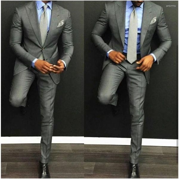 Erkekler Erkekler İçin Gri Düğün İnce Fit 2 Parçası Kostüm Homme Damat Smokin Partisi Blazer Terno Maskulino PCS (Ceket Pant)