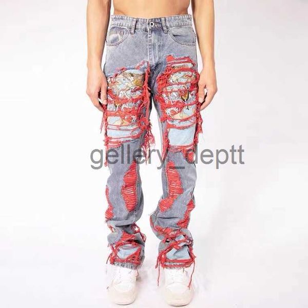 Erkek kot pantolon hip hop yok fırçalanmış işlemeli bol kot pantolon sıradan düz bacak denim pantolon erkek kadın j230922