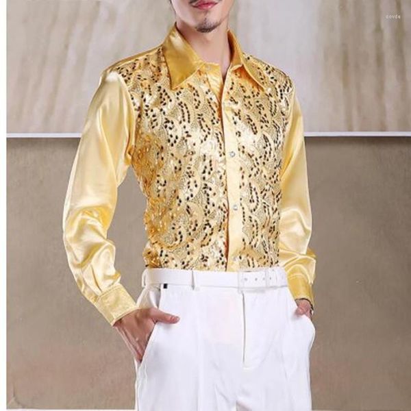 Camisas casuais masculinas brilhantes lantejoulas de ouro glitter camisa de manga longa homens 2023 moda boate festa palco para chemise homme