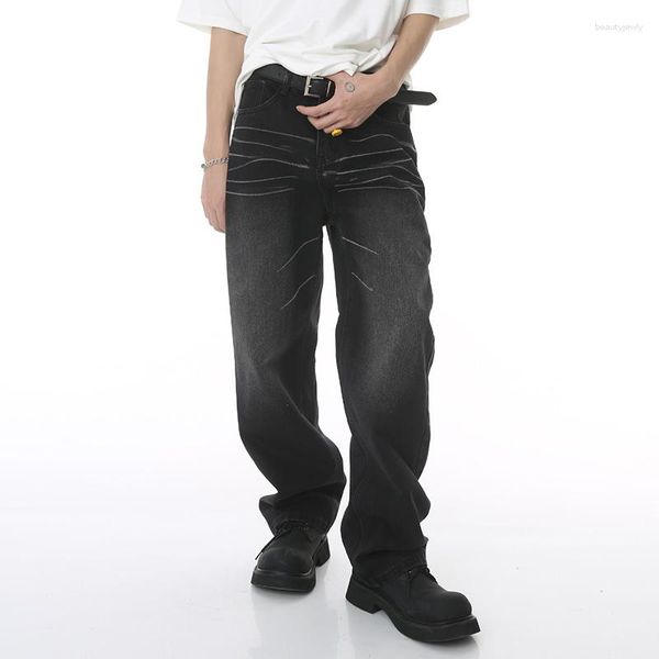 Jeans masculinos syuhgfa solto em linha reta moda riscado lavado denim calças estilo coreano masculino casual versátil gradiente calças