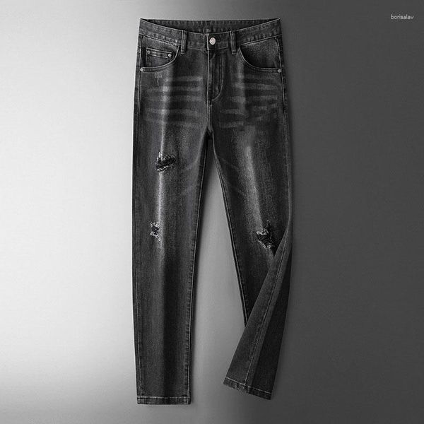 Jeans masculinos 2023 outono e inverno preto masculino tendência luz luxo broca lavagem água elástica pequena pé calças homens