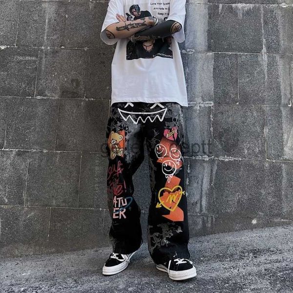 Pantalones para hombres Impresión retro Graffiti Pantalones rectos Pantalones de mezclilla sueltos Calle Casual Pierna ancha Hombres Pantalones Hip Hop Cargo J230922