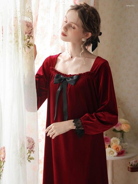 Damen-Nachtwäsche, französisches Samt-Nachtkleid, langärmelig, Robe, Rüschen, Schleife, Prinzessin, Vintage-Nachthemden, Schlafnachtwäsche für Damen