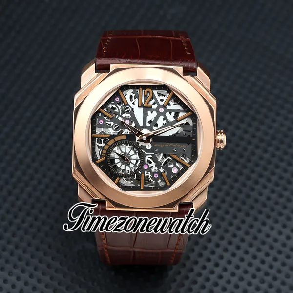 Novo Octo Finissimo 103667 Miyota Automático Mens Watch Rose Gold Case Skeleton Dial Brown Leather Strap Gents Sport Relógios TWBV Timezonewatch Z14a