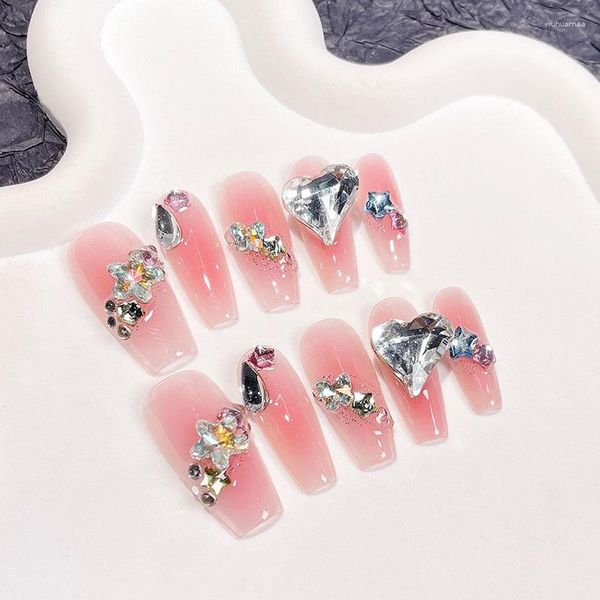 False Nails xxiu Pure Pure Famate Press on Full Cover Professional Crooked Heart Impleted Rhinestone Gradient Mid-Long Long Lungo