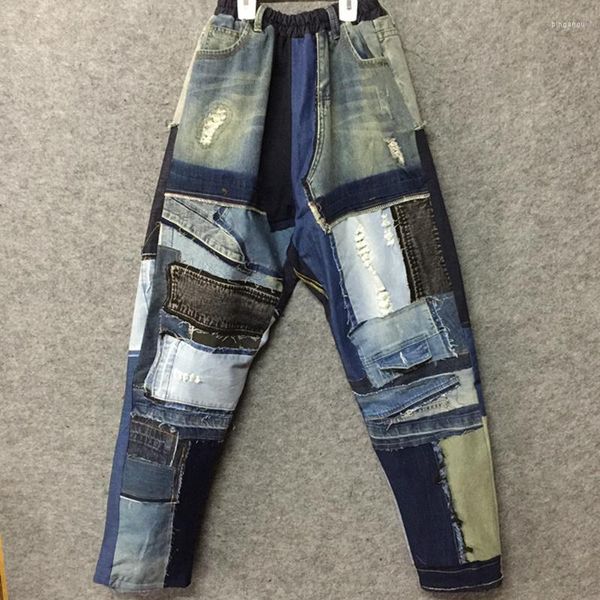 Männer Jeans Patchwork Für Lose Hohe Taille Taste Grat Taschen Gerade Denim Hosen Männer 2024 Sommer Mode 21F3688