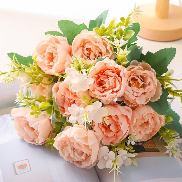 Flores decorativas vendendo 1pcs / 33cm Ins Rose Pink Silk Bouquet Peônia Flor Artificial 5 Cabeça Grande Bud Noiva Casamento Decoração de Casa Artifi