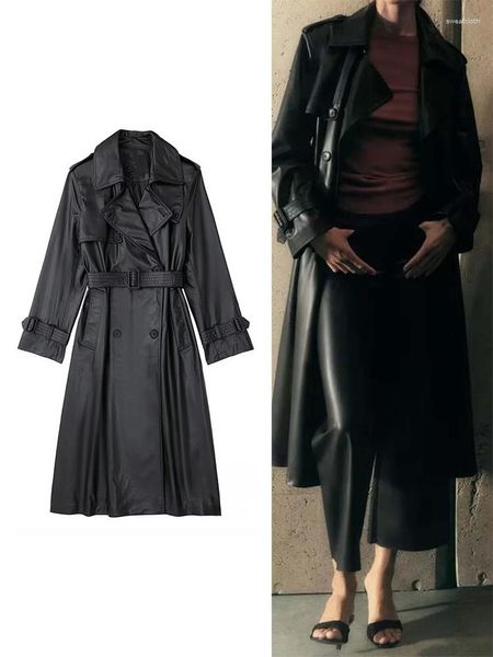 Женские плащи 2023, уличная универсальная куртка, женская мода, пальто из искусственной кожи с поясом, винтажное женское шикарное пальто с длинными рукавами и карманами с клапаном