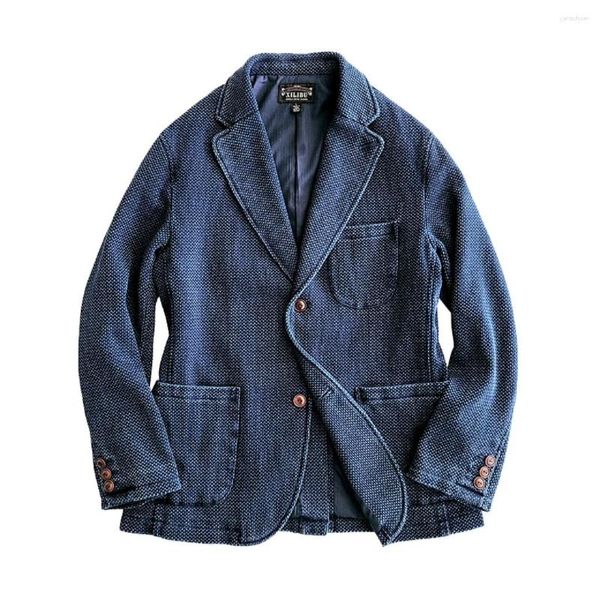 Abiti da uomo Completo Blazer Blu indaco Sashiko 12,5 once Vestibilità regolare 3 tasche Giacca vintage da lavoro casual Abiti firmati